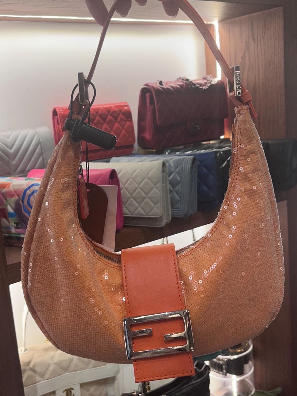 Fendi Orange Sequin Hobo Shoulder Bag with Silver Buckle